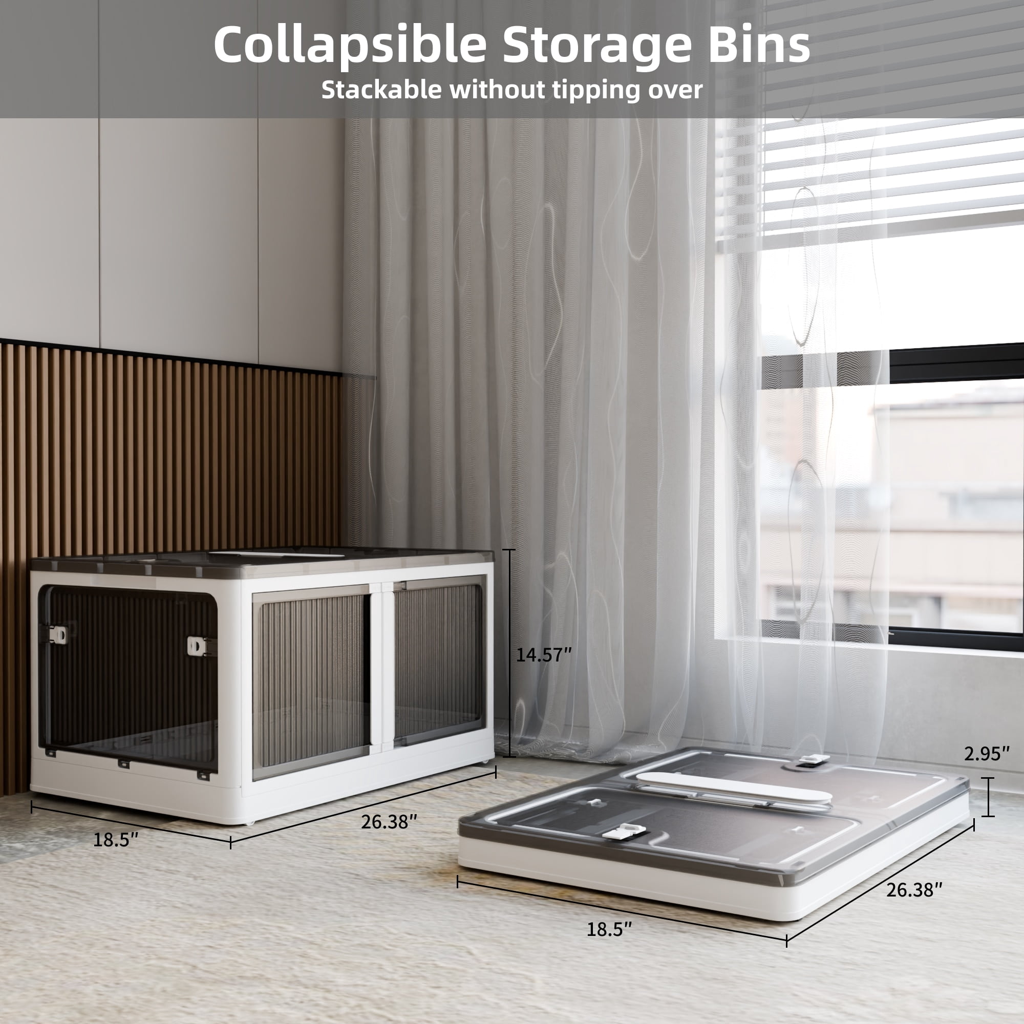 GARITIN 506QT 4-Pack Transparent Stackable Storage Bins with 5 Doors and Wheels, Collapsible Folding Plastic Closet Organizer Containers for Bedroom Living Room Laundry Toys, White