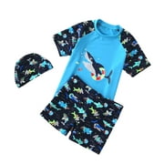 Alician 3 Pcs/set Boy Split Swimsuit Cartoon Print Swimsuit + Swimming Trunks + Swimming Cap Set For 4-11 Years Old