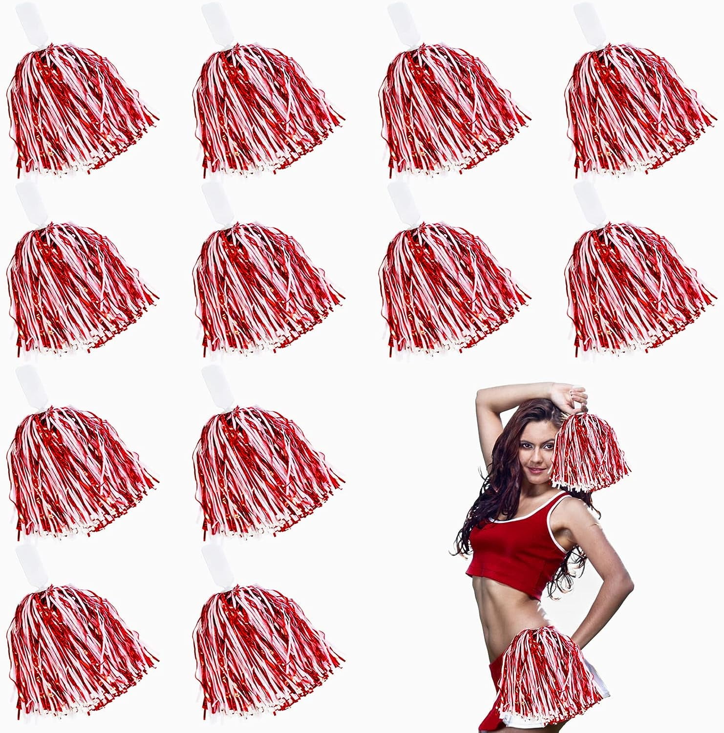 LINLIN 12Pcs Handheld Cheerleading Pom Poms, Metallic Foil Cheerleader Pompoms Hand Flowers for Team Spirit Sports Games Dance Party Durable & Lightweight