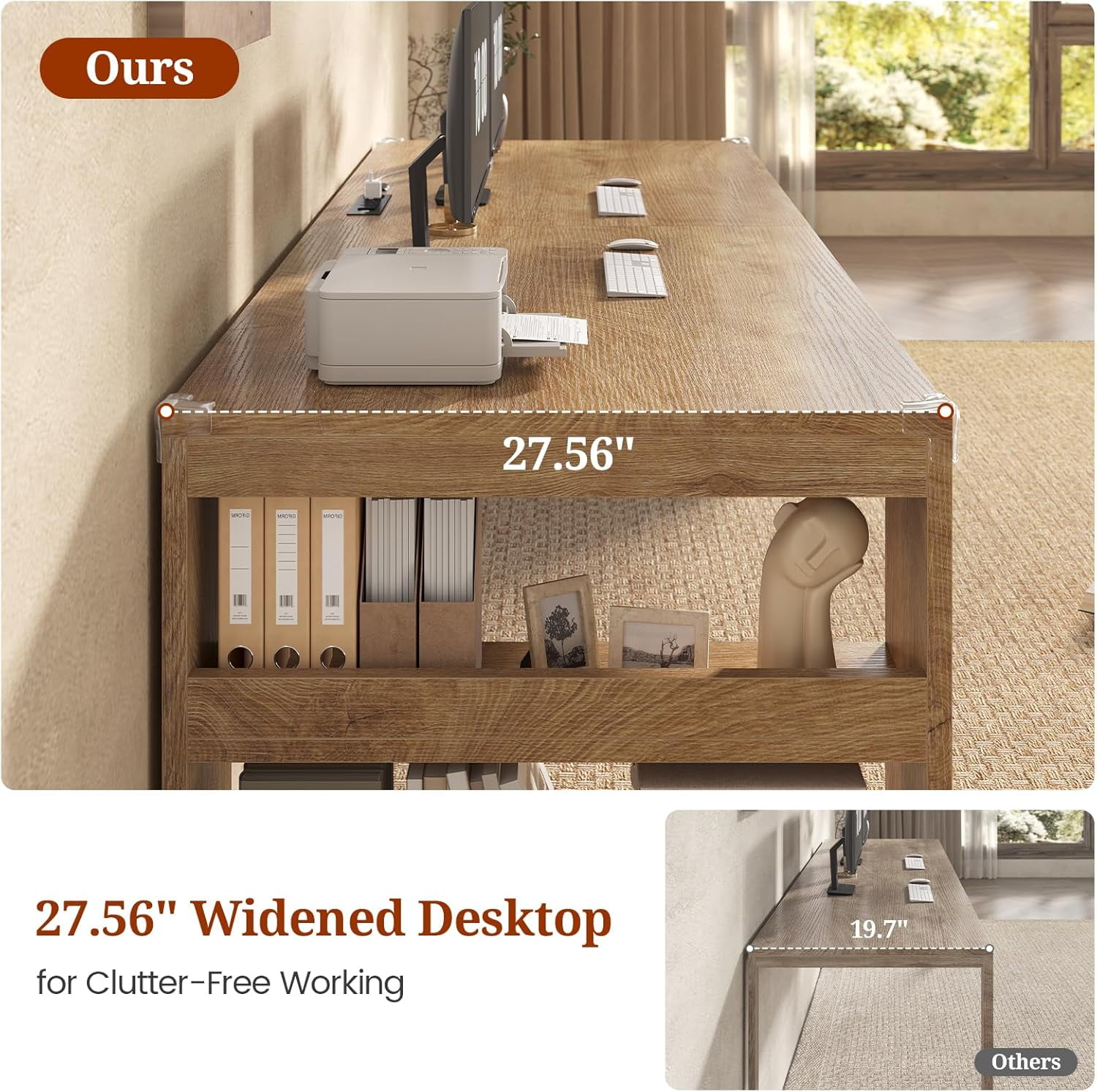 86.6 inch Two Person Desk, Computer Desk with Storage Shelves, Home Office Workstation Desk, Modern Writing Table, Oak