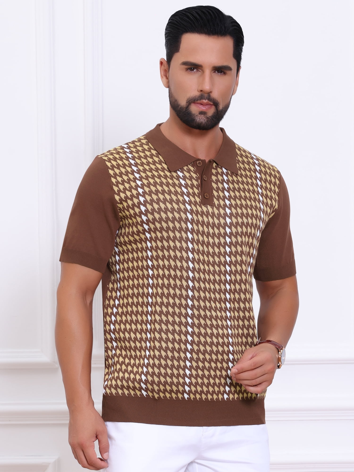 DARING DIVA Men's Houndstooth Summer Short Sleeve Casual Knit Polo Shirt M Brown