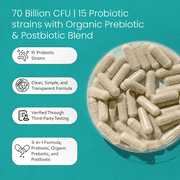 Probiotics 70 Billion CFU – 15 Probiotic strains + Organic Prebiotic+ Postbiotic 3-in-1 Complete – Promotes Healthy Digestive & Immune Function –Gas, Bloating, Constipation Support – for Men & Women