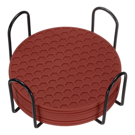 8 Pack Silicone Coasters with Holder, 4 Inch Round Coaster for Drink, Brown