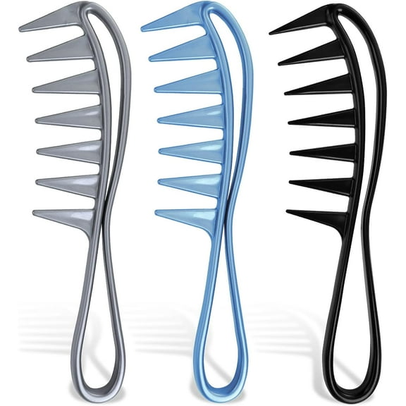 3 Pieces Wide Tooth Comb, Wide Tooth Comb for Curls Comb for Curly Hair Curl Comb Hairstyle Tool Large Tooth Comb for Curly Hair Wet Wavy Thick Hair Wigs Barber Salon (Black, Silver, Blue)
