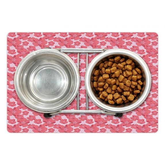 Flower Pet Mat for Food and Water, Bicolour Pattern of Spring Thrill Mood Flowers with Dots Blossoming, Non-Slip Rubber Mat for Dogs and Cats, 18" X 12", by Ambesonne