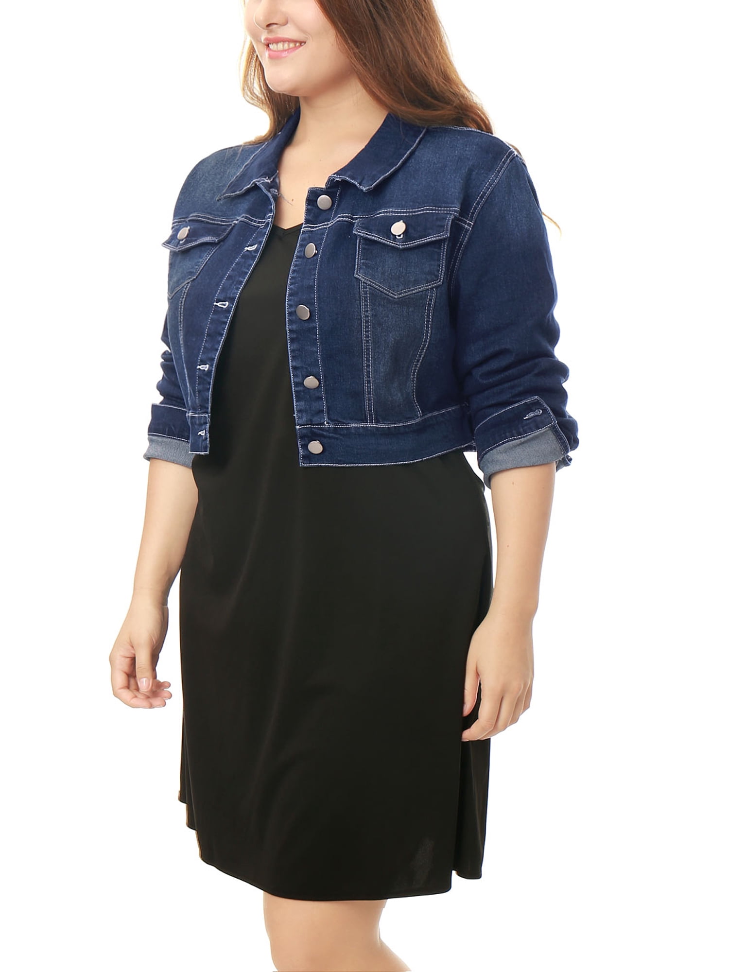 Unique Bargains Women's Plus Size Long Sleeve Jean Jacket Button Cropped Denim Jacket