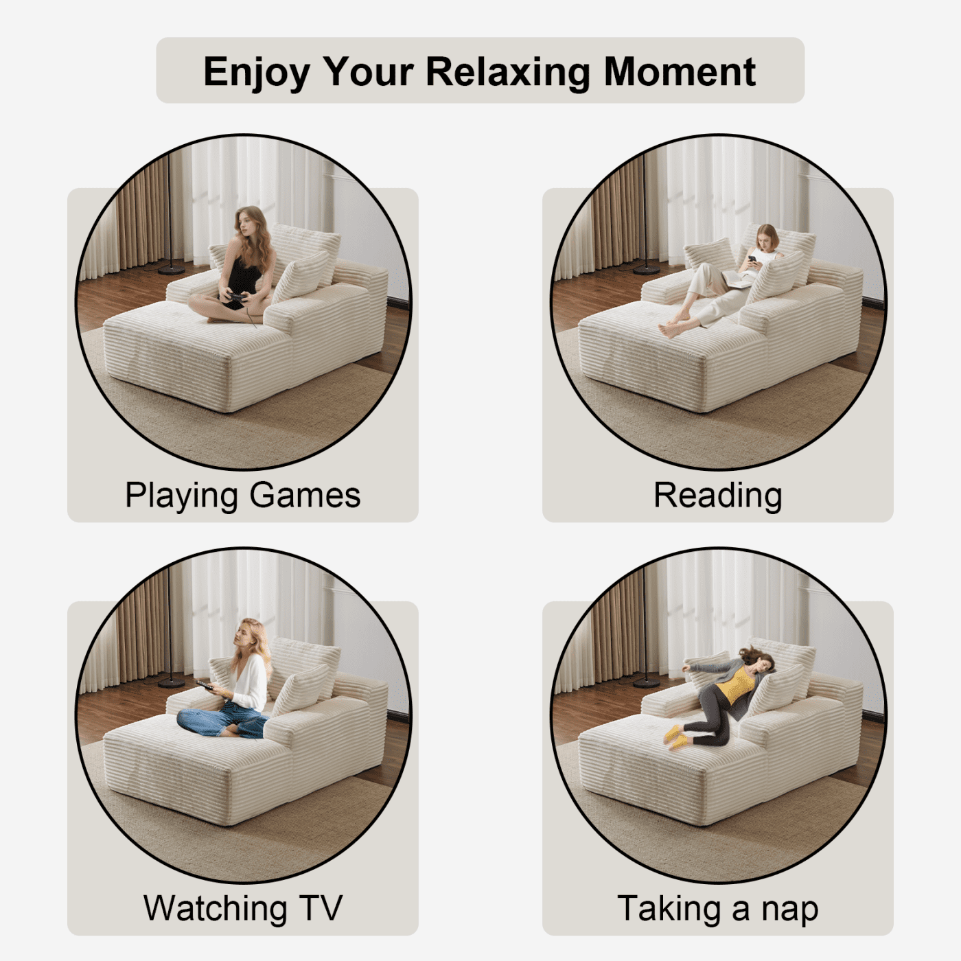 Oversized Chaise Lounge Chair Indoor, Corduroy Upholstered Sleeper Sofa Daybed with 3 Throw Pillows and Wide Armrest for Living Room, No Assembly Required,White