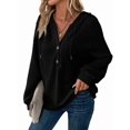 thumbnail image 1 of Sudadera con Capucha de Larga de Punto Gofre para Mujer, con Cordón, Botones, Cuello en V, Informal, con Capucha. Negro L, 1 of 9