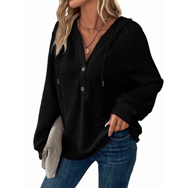 Sudadera con Capucha de Larga de Punto Gofre para Mujer, con Cordón, Botones, Cuello en V, Informal, con Capucha. Negro L