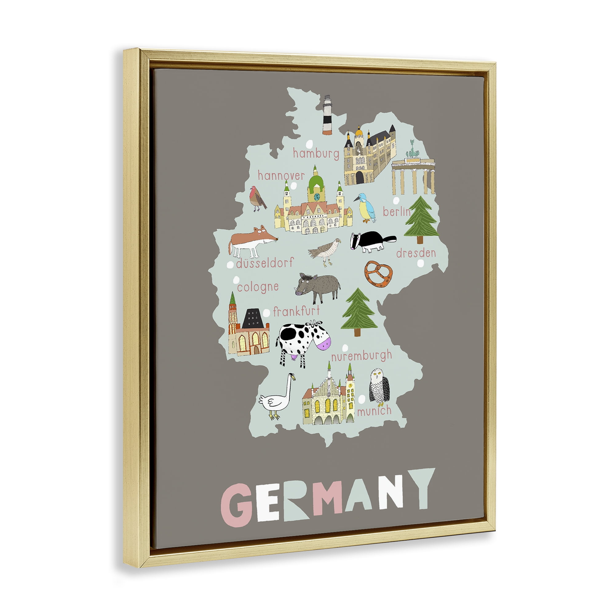 Kid's Map of Germany Gold Framed Floater Canvas Wall Art, design by Carla Daly