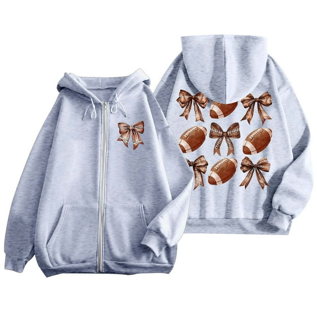 Women's Fashion Rugby Print Zippered Long Sleeve Hoodie with Pocket Drawstring Casual Athletic Sweatshirt