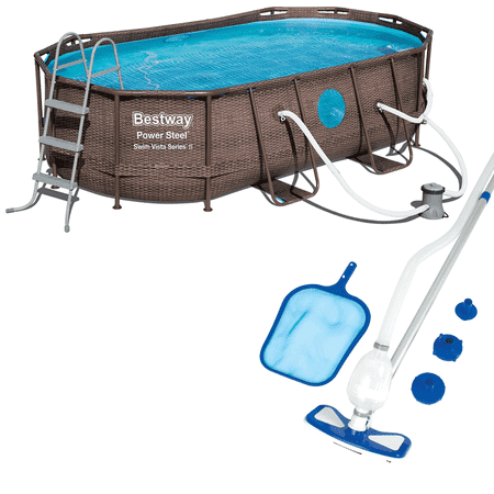 Bestway 14ft x 8ft x 3.3ft Power Swim Vista Pool Set with Pump & Cleaning (Best Way To Clean Ceilings)