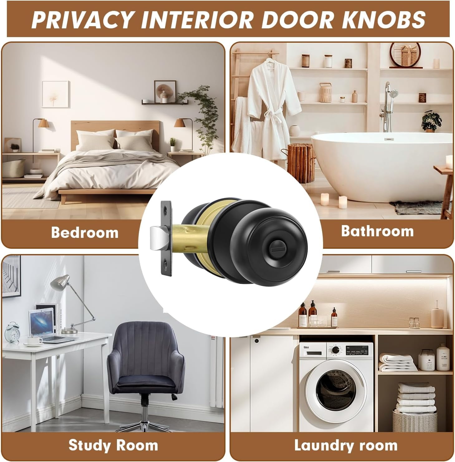 Privacy Door Knobs, 10 Pack Matte Black Door Knobs with Lock, Bed and Bath Door Knob Interior Keyless Locksets, Round Door Handles Reversible for Left Right Handed Doors