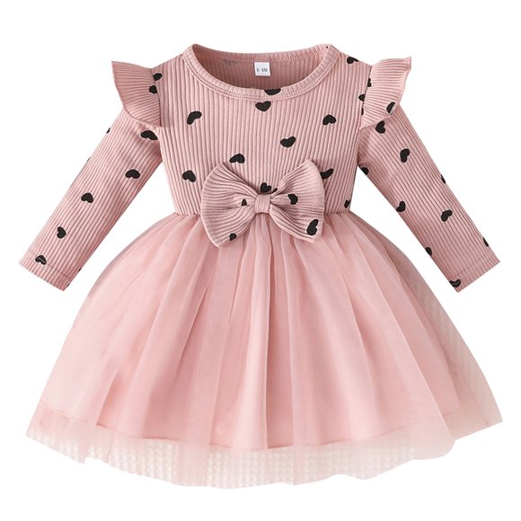 WUANDIXFA Girls Dresses Girls Dress Party Dress Baby Girls Dress Round Neck Long Sleeved Crawling Dress Princess Dress Mesh Dress Pink,18-24 Months