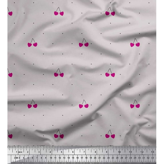 Soimoi Grey Viscose Chiffon Fabric Cherry & Dots Printed Fabric 1 Yard 42 Inch Wide