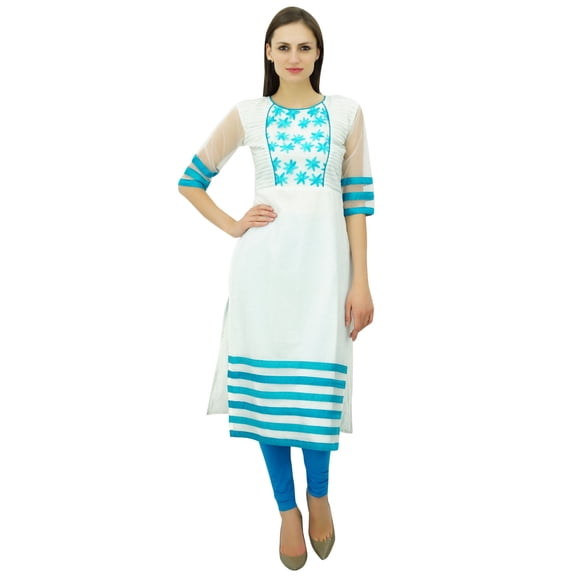 Atasi Women'S White And Blue Straight Salwar Kameez With Dupatta Suit Sets