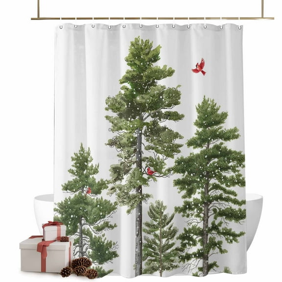 Shower Curtain 36"W x 78"L Winter Christmas Pine Trees Red Cardinal Fabric Shower Curtains Set with Hooks Water Repellent Bathroom Curtains Machine Washable Bathroom Accessories