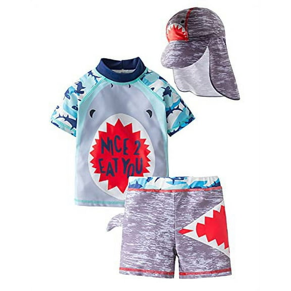 Styles I Love Kid Boys Shark Printed Short Sleeve Rash Guard Set and Sun Hat 3pcs Multicolored Swimsuit Beach Bathing Suit (18 Months)