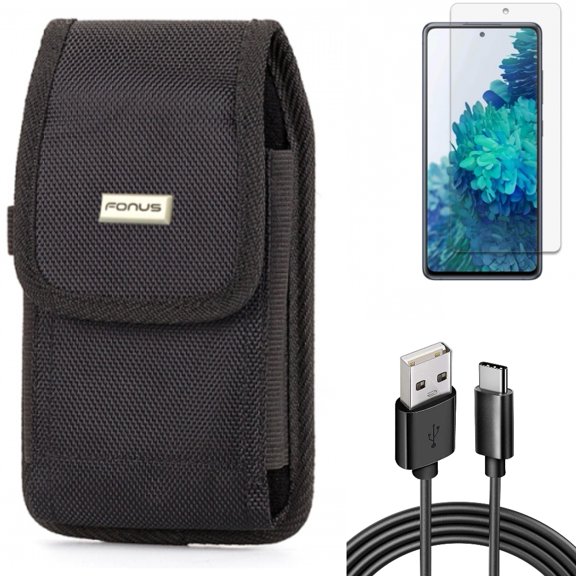 6ft USB Cable & Case Belt Clip & Screen Protector for Samsung Galaxy S20 Fan Edition - Type-C Charger Cord   Swivel Holster   Anti-Glare Tempered Glass Combo