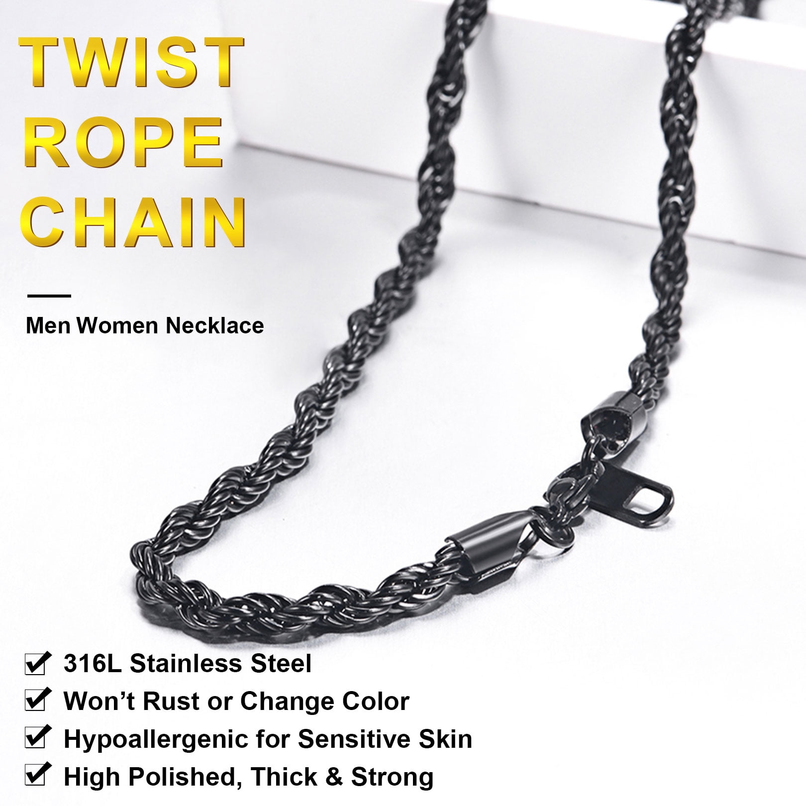 FOCALOOK Twist Rope Chain Necklace for Men Black Replacement Chain for Pendant Charm 316L Stainless Steel 3mm 24 Inch with Jewelry Gift Box for Dad Christmas