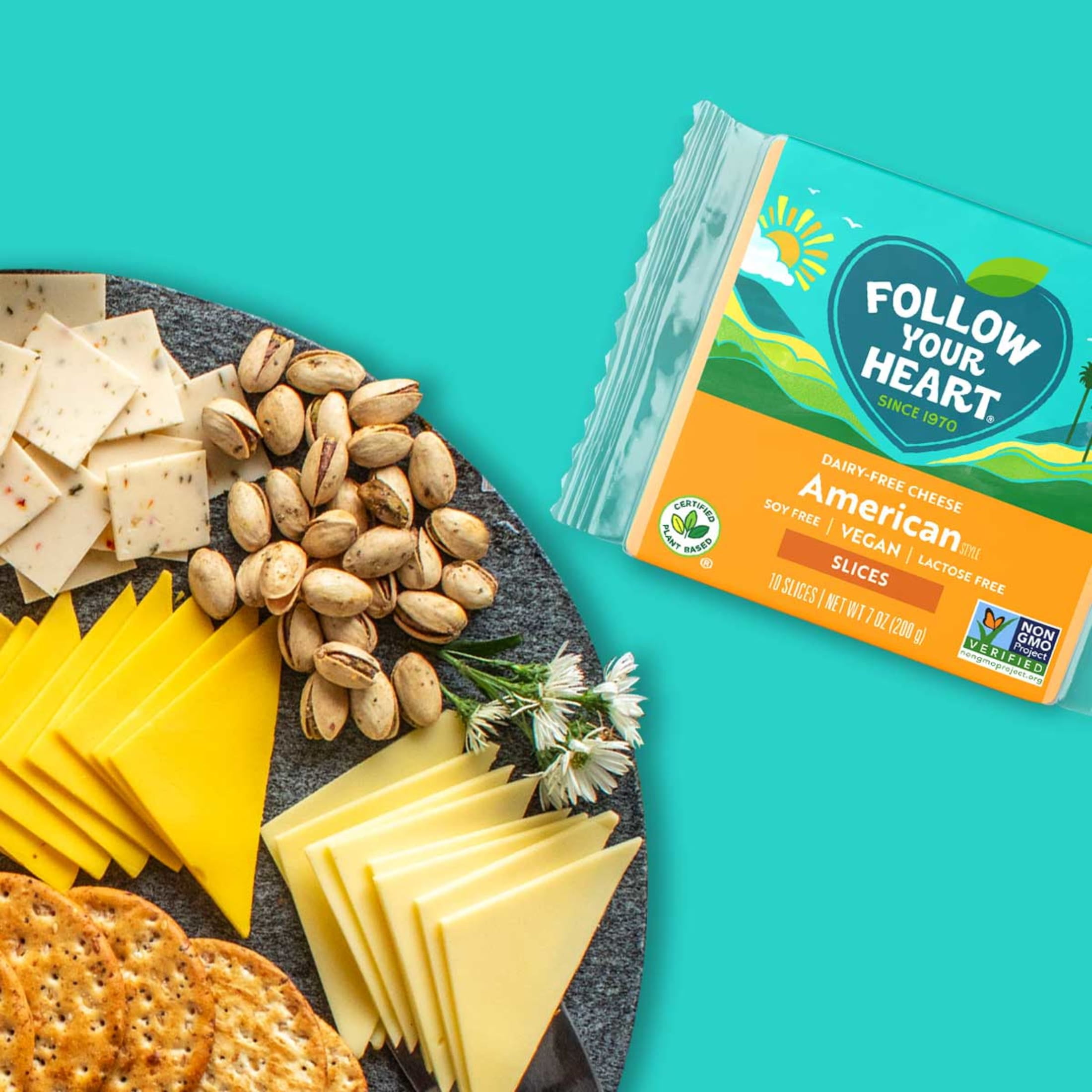 Follow Your Heart Gluten Free, Vegan, American Style Dairy Free Cheese Slices Pack, 7 oz, 10 Count