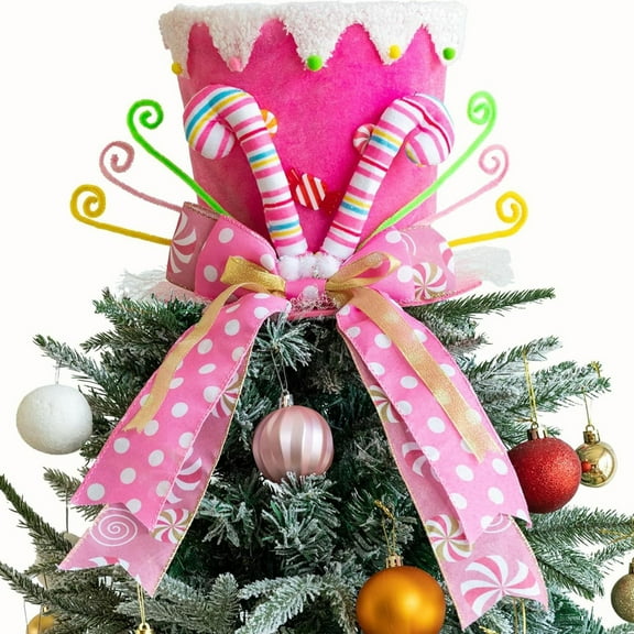 Christmas Tree Topper Cap with Candy Cane Design, Fabric Tree Top with Wire Ribbon for Shaping, One Size Fits All Xmas Tree Decoration