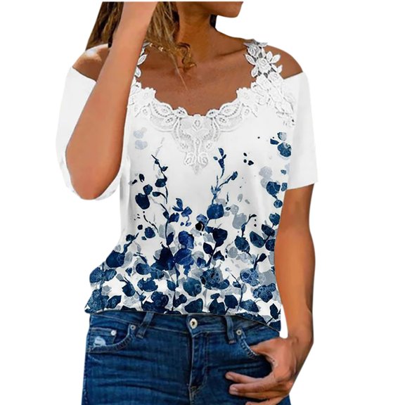 Pntutb Womens Plus Size Clearance,Women's Casual Off The Shoulder Lace Regular Fit Short Sleeve Tops V-Neck Shirt Tops