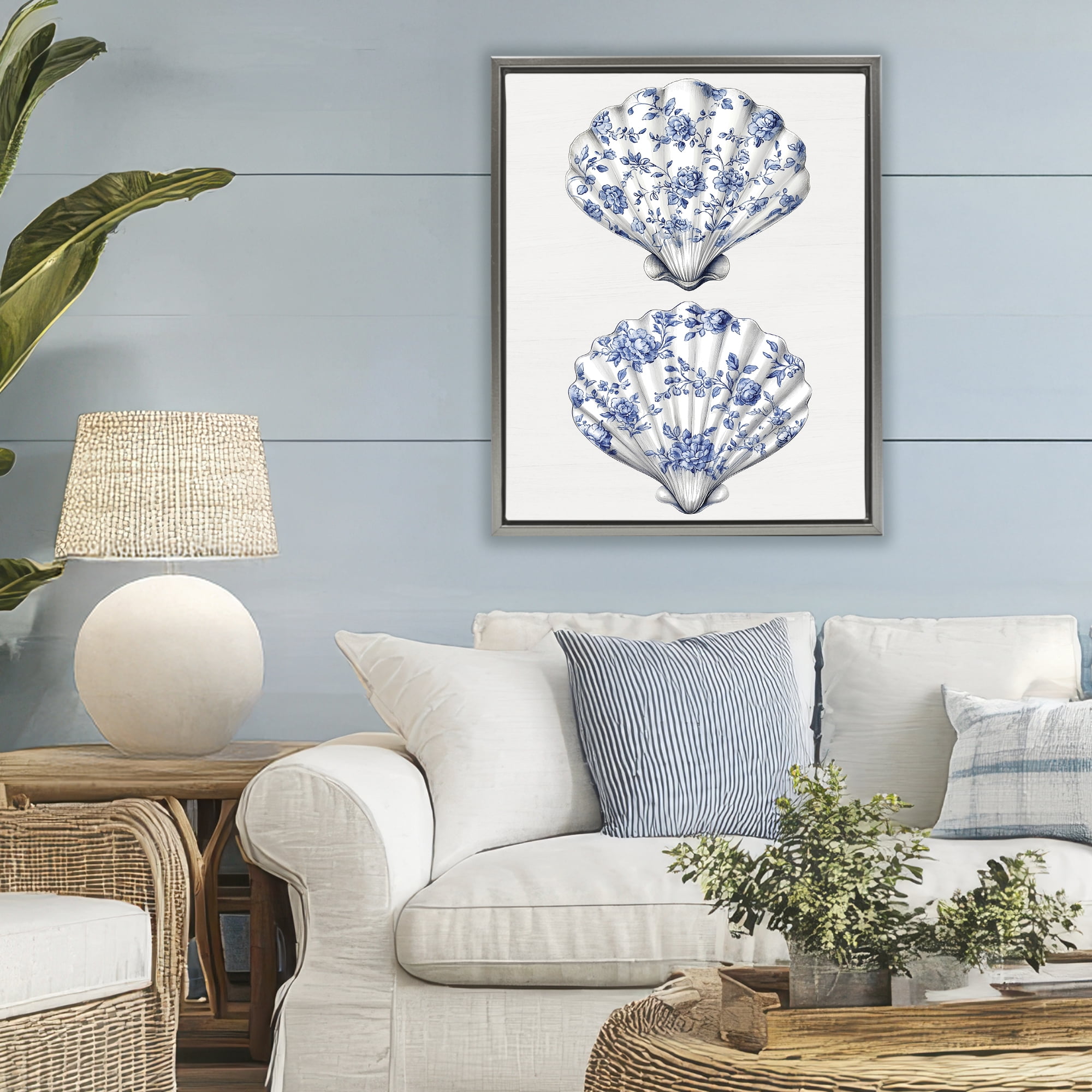 Delicate Toile Seashells Gray Framed Floater Canvas Wall Art, design by Lettered and Lined