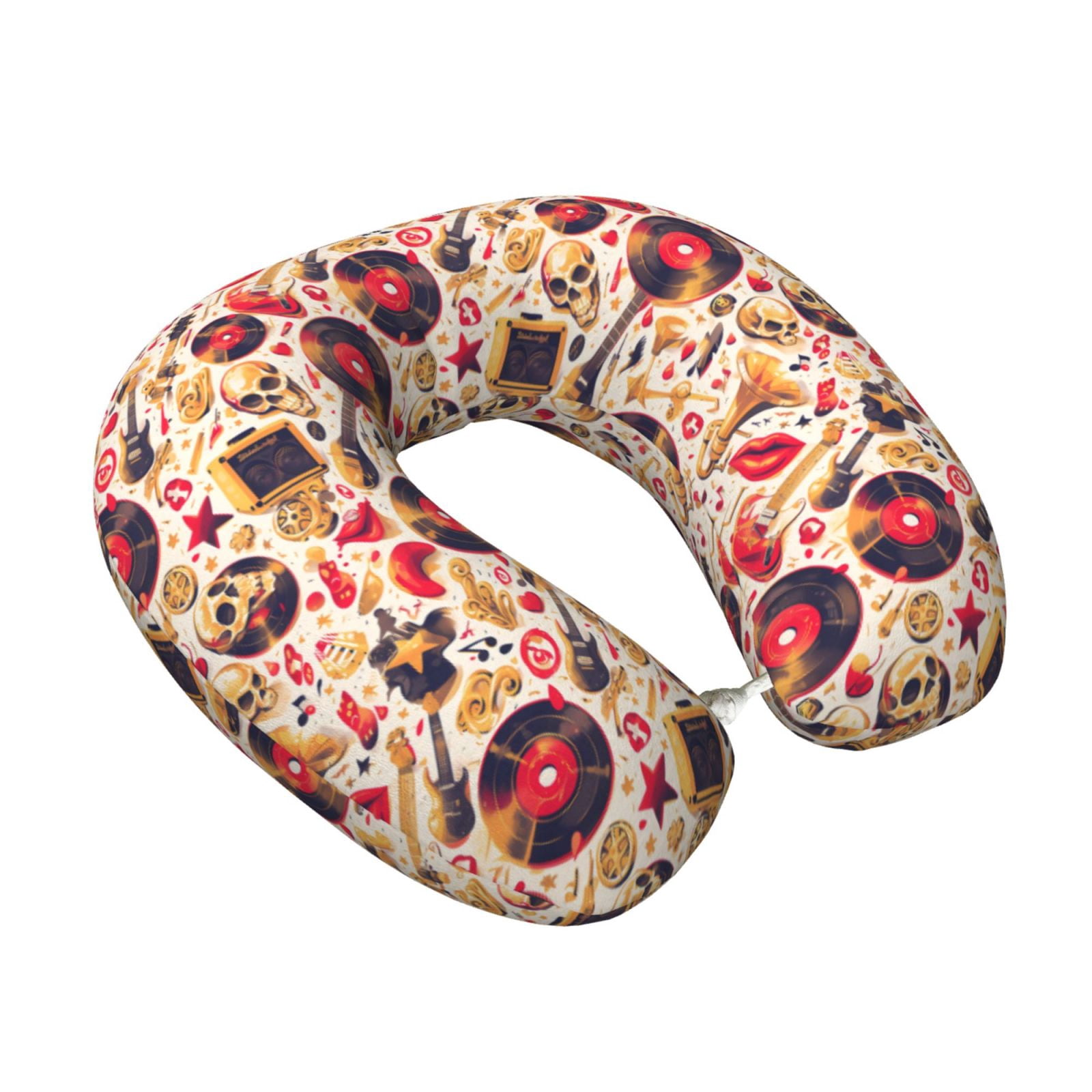 Xecao gold Skull Guitar record Print Memory Foam Cervical Neck Pillow Versatile U-Shaped Pillows for Home,Office,Camping,Travelling,Soft Washable Cover