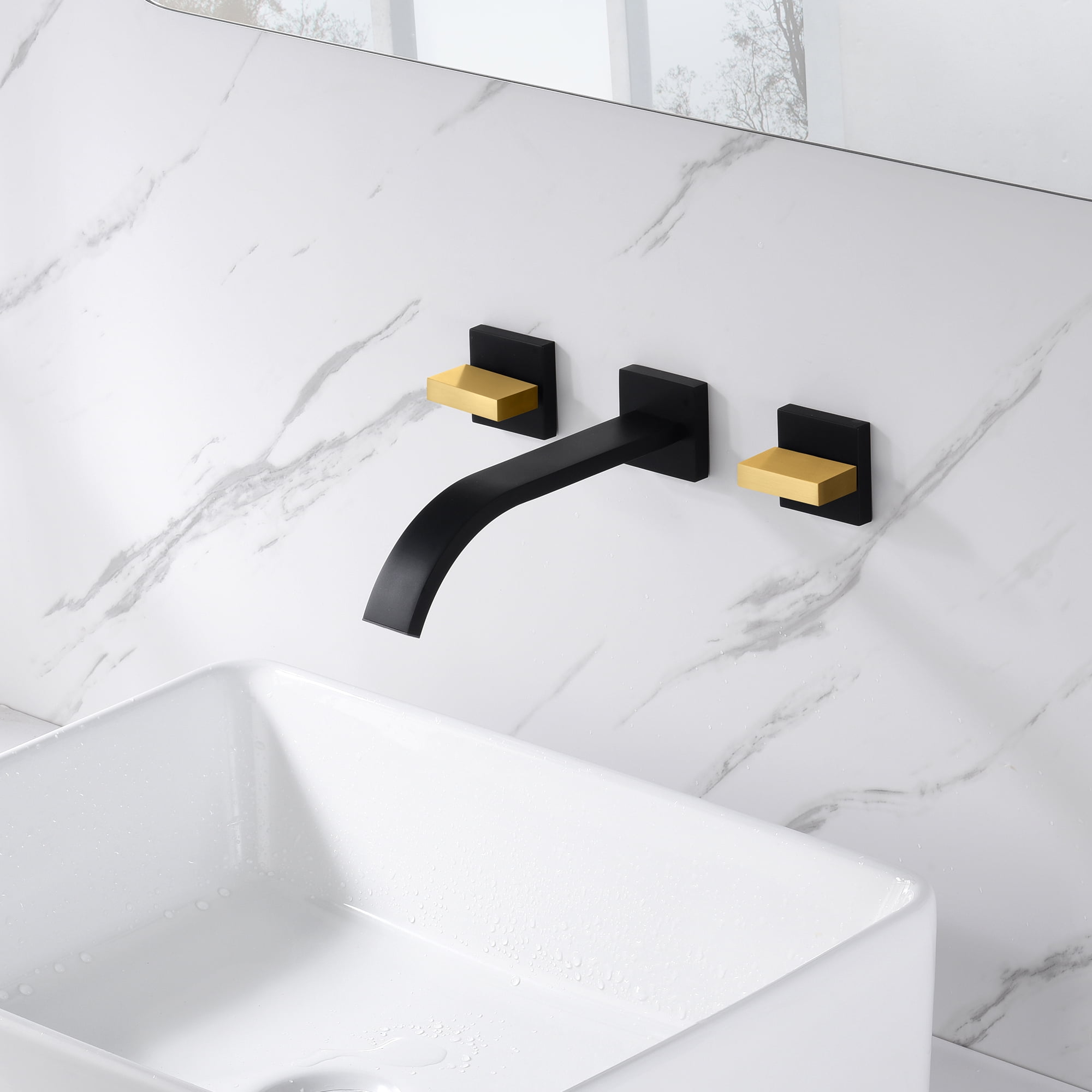 SUMERAIN Wall Mounted Faucet for Bathroom Sink Black and Gold Finish, Lavatory Basin Faucet with Two Handles and Rough in Valve