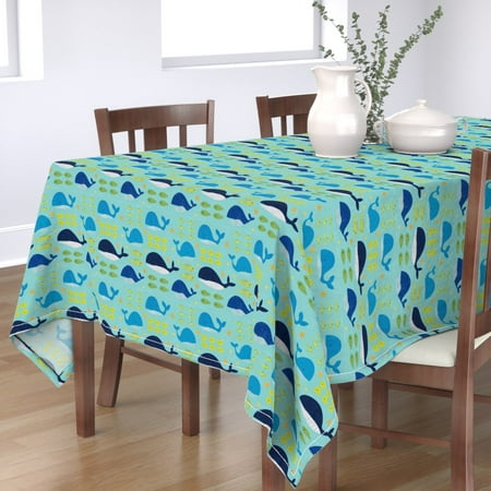 

Cotton Sateen Tablecloth 70 Square - Big Fish Little Whales Nautical Baby Nursery Ocean Blue Sea Animal Print Custom Table Linens by Spoonflower