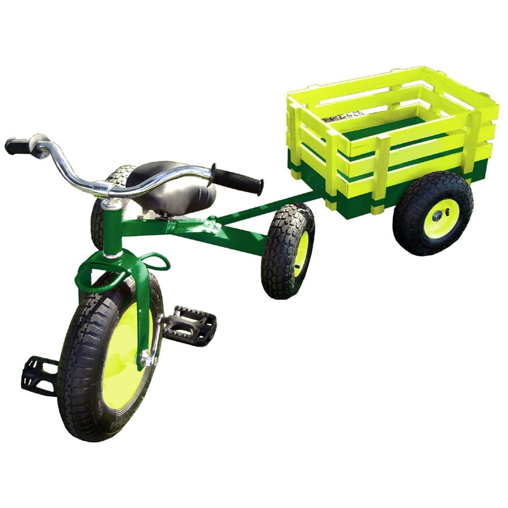 Classic Tricycle with Wagon Set Pull Along Trike Toy Outdoors Kids Exercise 