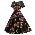 thumbnail image 4 of ERFCXS Costume d'Halloween pour Femmes Fantôme Marche Feu de Camp Veilleuse Citrouille Imprimé Dentelle Robe à Manches Courtes Rétro Jeu de Rôle Robe Swing Chauve-Souris Confortable Cosplay Robe à Fermeture Éclair Jaune P, 4 of 5