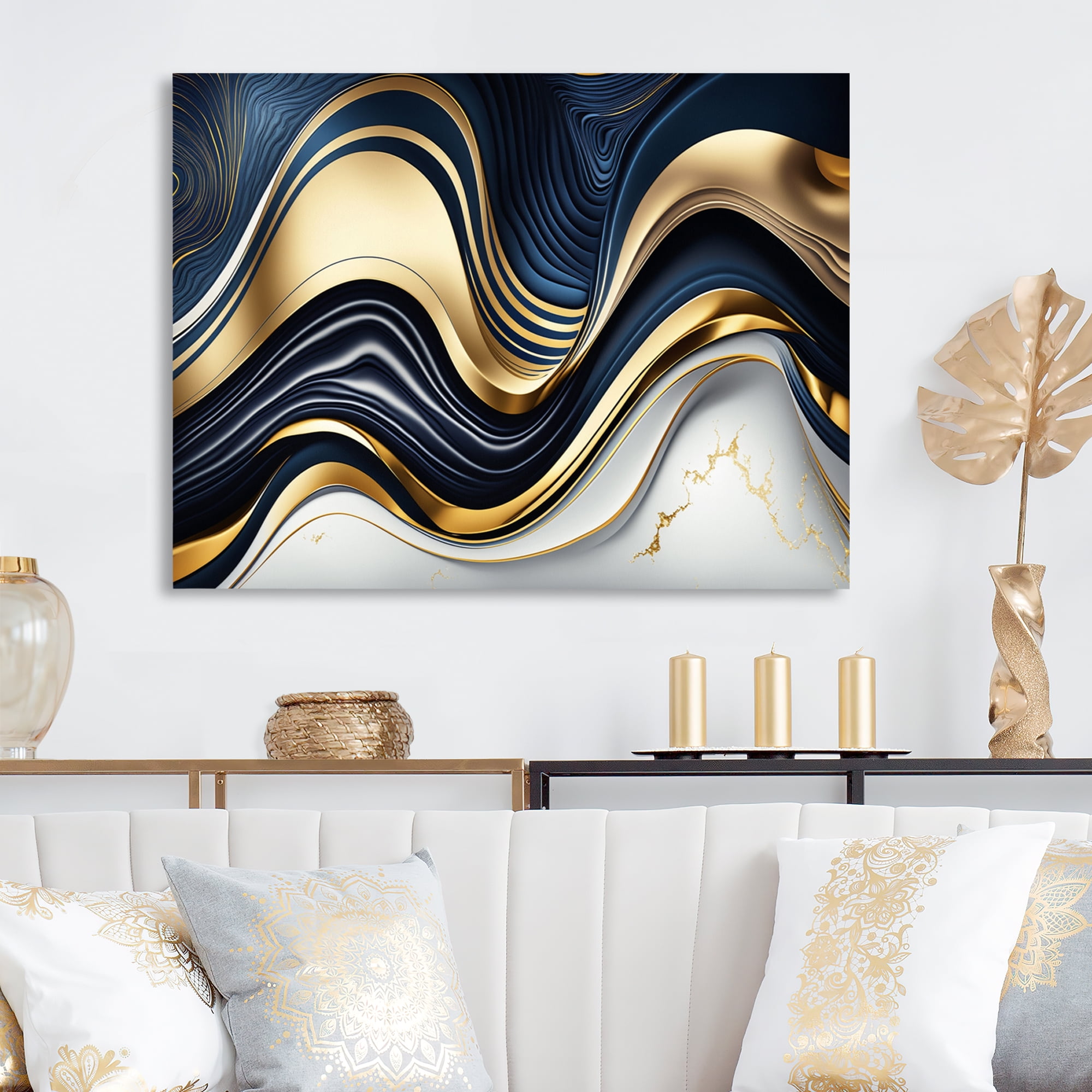 Designart Abstract Geode Waves Blue And Gold IV Canvas Wall Art