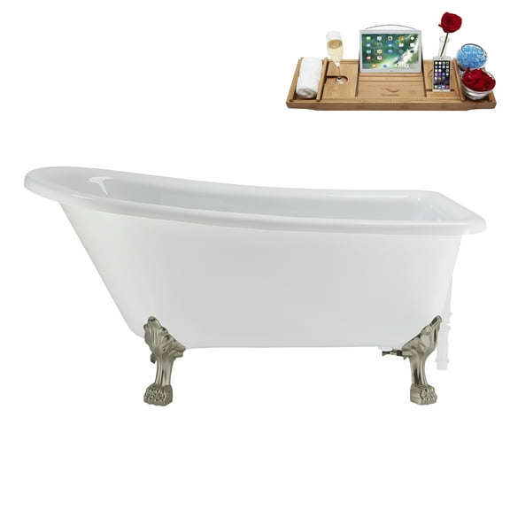 58" Streamline N4860BNK-WH Soaking Clawfoot Tub and Tray With External Drain in Glossy White and Brushed Nickel Clawfeet