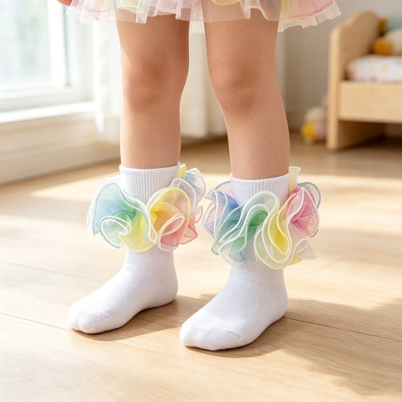 CHCNHAC Girls Lace Ruffle Socks, Soft Cotton Princess Ankle Socks with Colorful Pastel Trim, Ballet Dance Socks for Baby Toddler Kids 0-10Y
