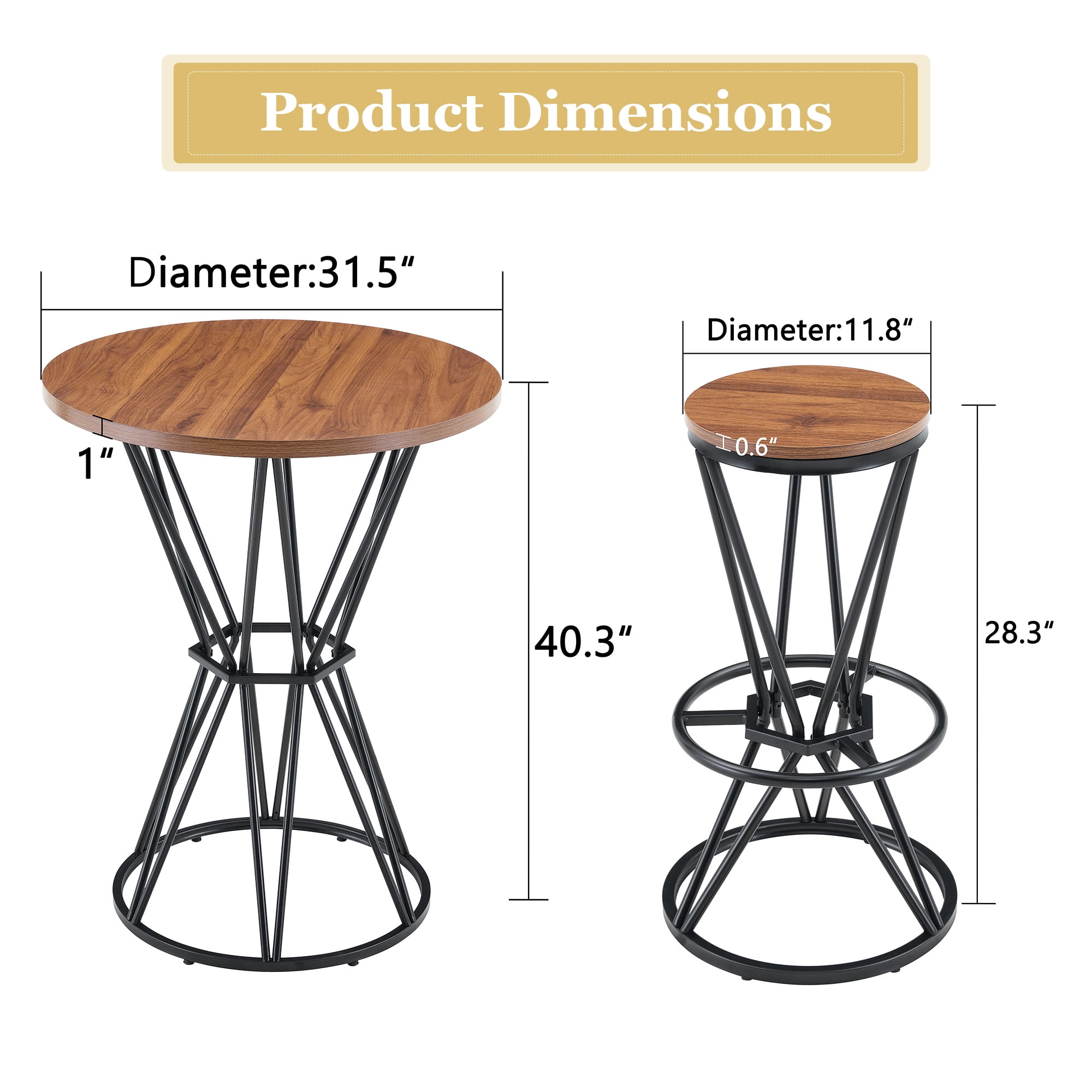 3-Piece Bar Table and Chair Set, 31.5-Inch Walnut MDF Bar Table with Black Metal Frame and 2 Bar Stools, Industrial Pub Dining Table Set for Kitchen Island Dining Space, Walnut Black