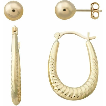 Simply Gold 10kt Yellow Gold Oval Shrimp Hoop And 6mm Ball Stud Earrings Set