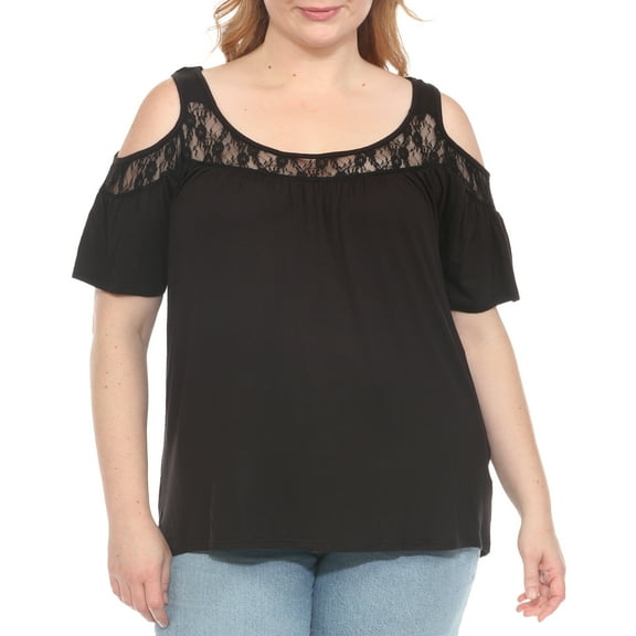 White Mark Casual Cold Shoulder Lace Trim Knit Blouse, Women's Plus