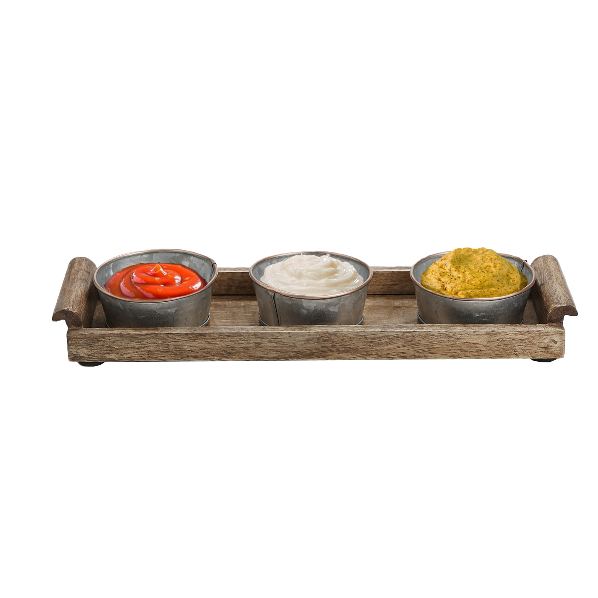 Mind Reader Wood Tray with 3 Galvanized Bowls, Condiment Serving Set