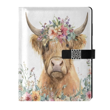 Leather Notebook with Pen Holder Writing Notepad Includes 100 Pages Lined Journal Highland Cow with Flowers
