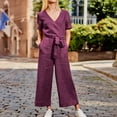thumbnail image 3 of Baqcunre Women's Solid Color Short Sleeve V Neck Loose Pocket Lace-Up Jumpsuit,Size S-XL,Jumpsuits for Women Casual,Womens Jumpsuit,One Piece Jumpsuit,Womens Clothes,Color Purple, 3 of 8