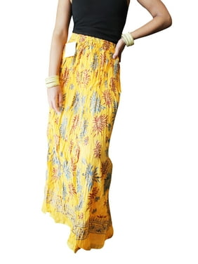 Mogul Women Maxi Skirt, Yellow Cotton Beach Skirt, Printed Bohemian Skirt, Crinkled Long Summer Skirts S/M