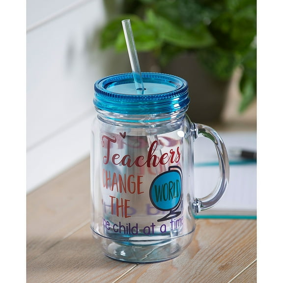 Evergreen Double Wall Mason Jar w/straw, 20 OZ, Teachers Change the World