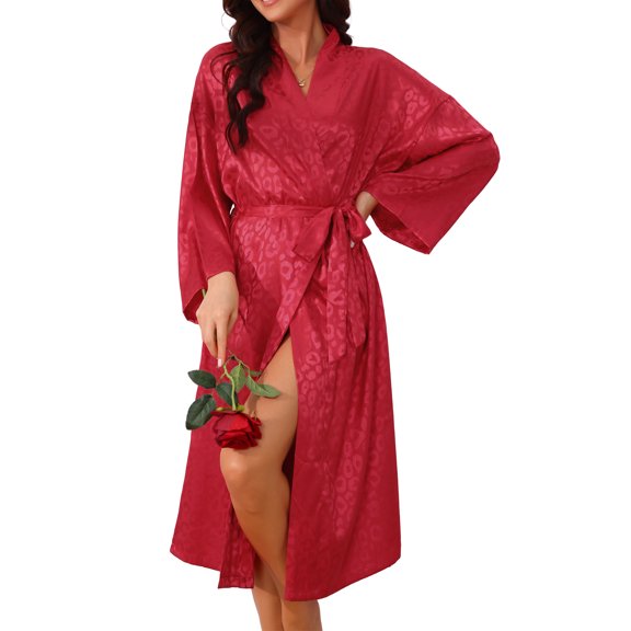 INSPIRE CHIC Womens Silky Satin Robes Lightweight Jacquard Full Length Soft Casual Kimono Bathrobe Sleepwear Bridal Dressing Gown S Red
