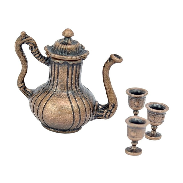 HILABEE 1:12 Dollhouse Mini Metal Flagon with Cups Diorama Scenery Simulation Teapot Set Brown