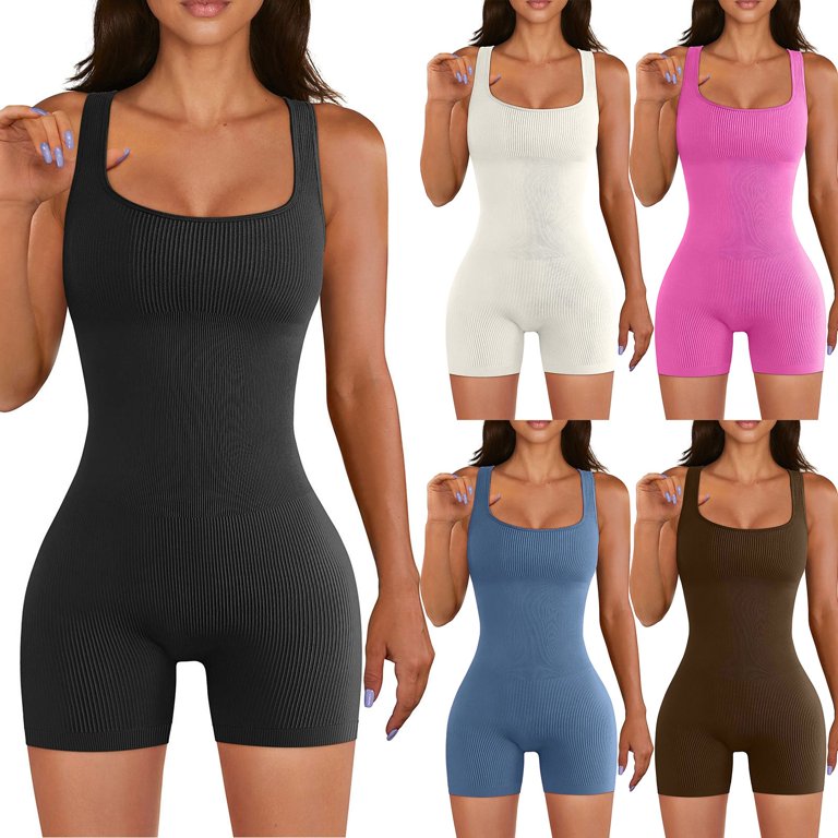 Ribbed Jumpsuit For Women Tummy Control Square Neck Workout Exercise  Unitard Romper Tank Top One Piece Shorts Bodysuit