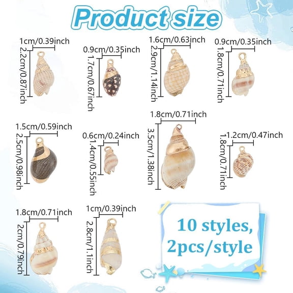 20Pcs Natural Shell Charms 10 Styles Spiral Seashells Pendant Ocean Conch Dangle Charms Tiny Sea Beach Charm Copper Wire Wrapped for Necklace Bracelet Earring Jewelry Making DIY Craft