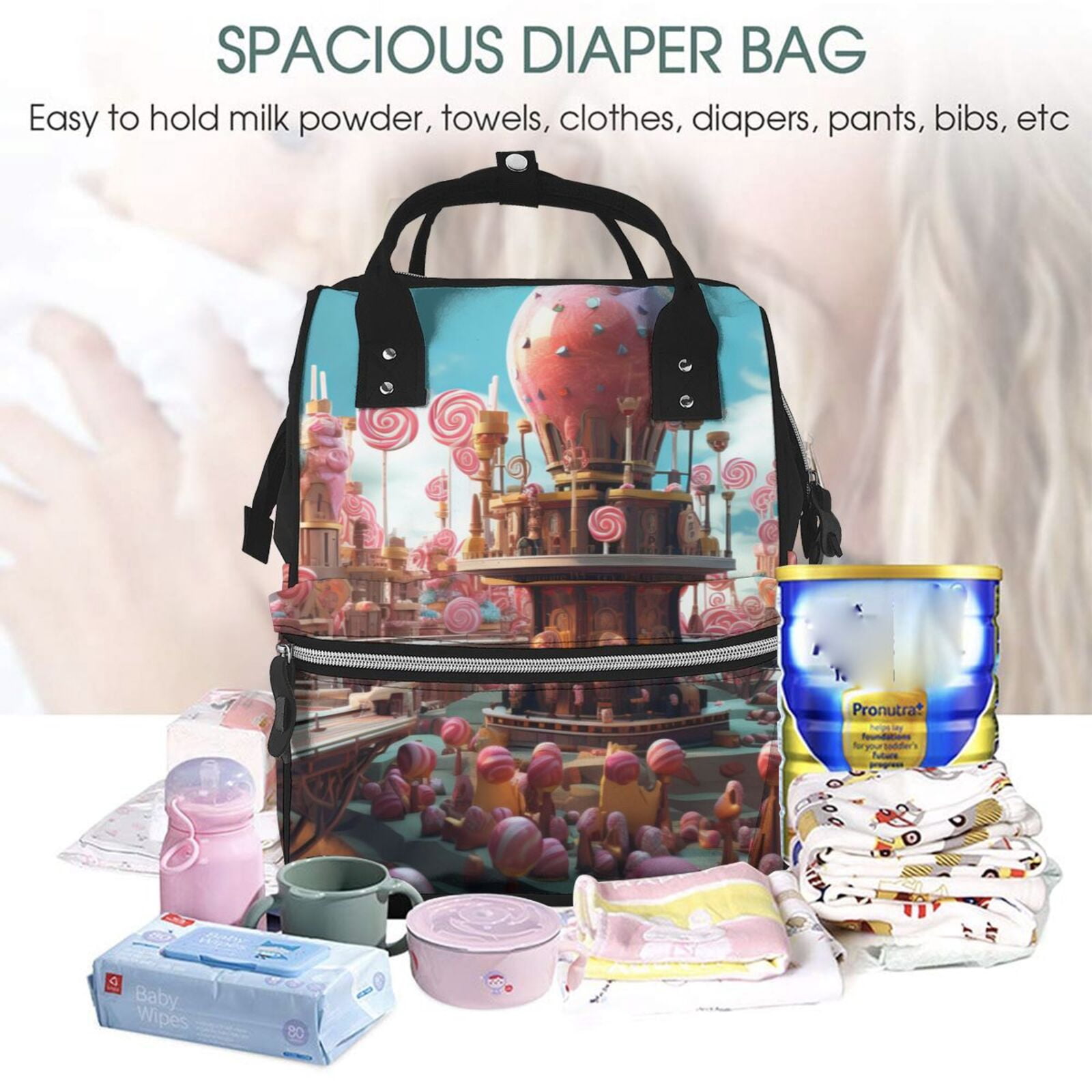 Ratiio fairy-tale-world-with-delicious-candy Mummy Backpack - Waterproof Twill Canvas, Large Capacity Diaper Bag with Multiple Pockets and Adjustable Straps