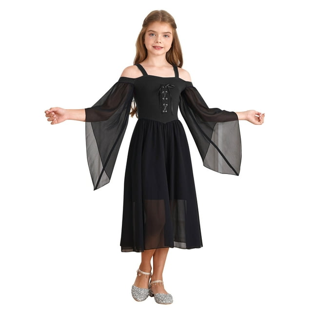 YiZYiF Robe Princesse Gothique Médiévale pour Filles Enfants Robe Corset Médiévale Renaissance Victorienne Robe de Bal Costume d'Halloween Noir 10